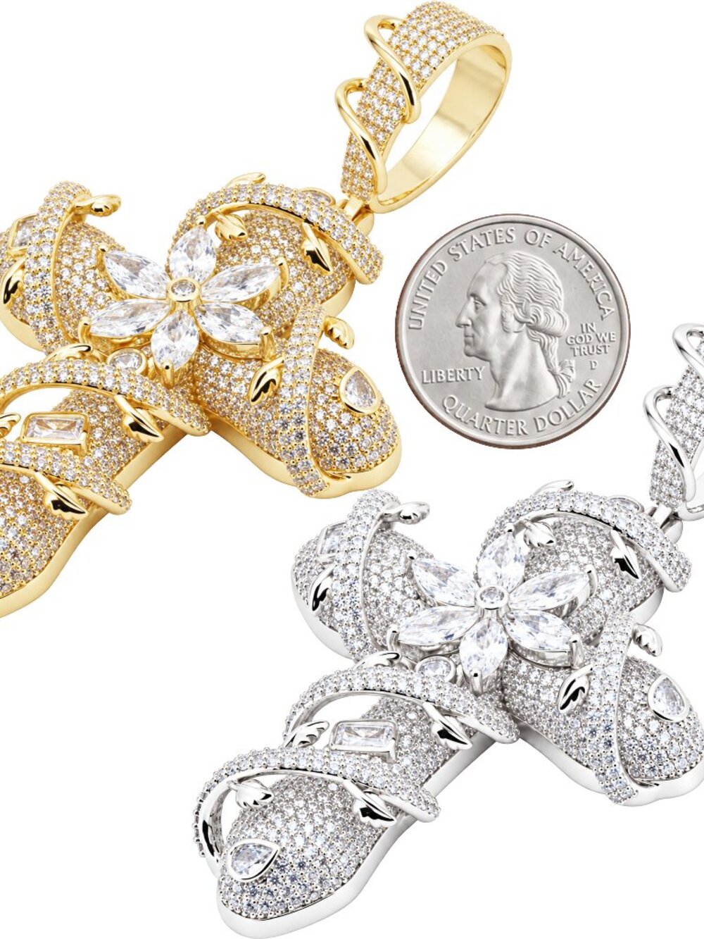14k Yellow/White Gold Plated AAA Cubic Zirconia Thorned Floral Cross Pendant